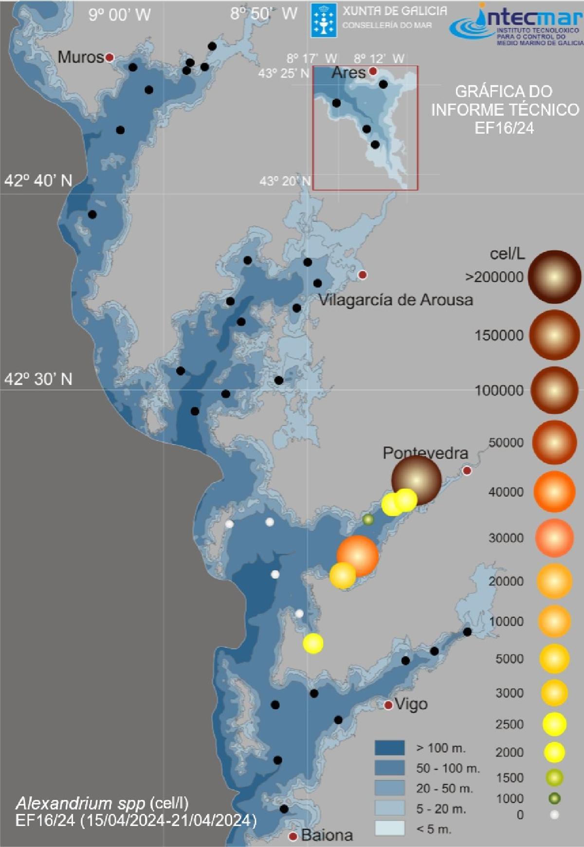 Gráfico que muestra la evolución de los dinoflagelados “Alexandrium”, causantes de la toxina paralizante (PSP).