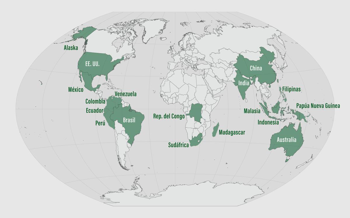 Mapa de los países megadiversos, según la ONU