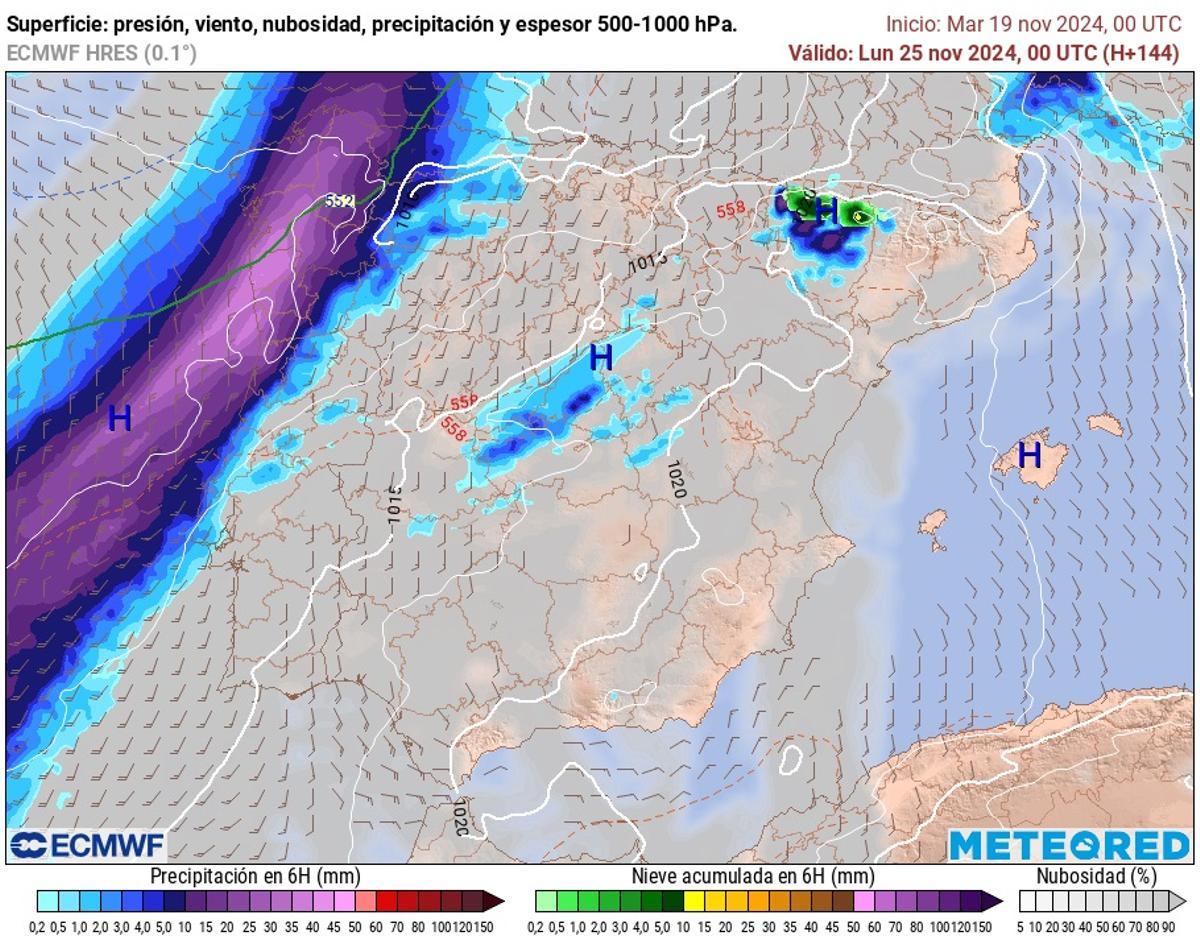 Prevision de lluvia para la noche del domingo al lunes, según el modelo ECMWF HRES