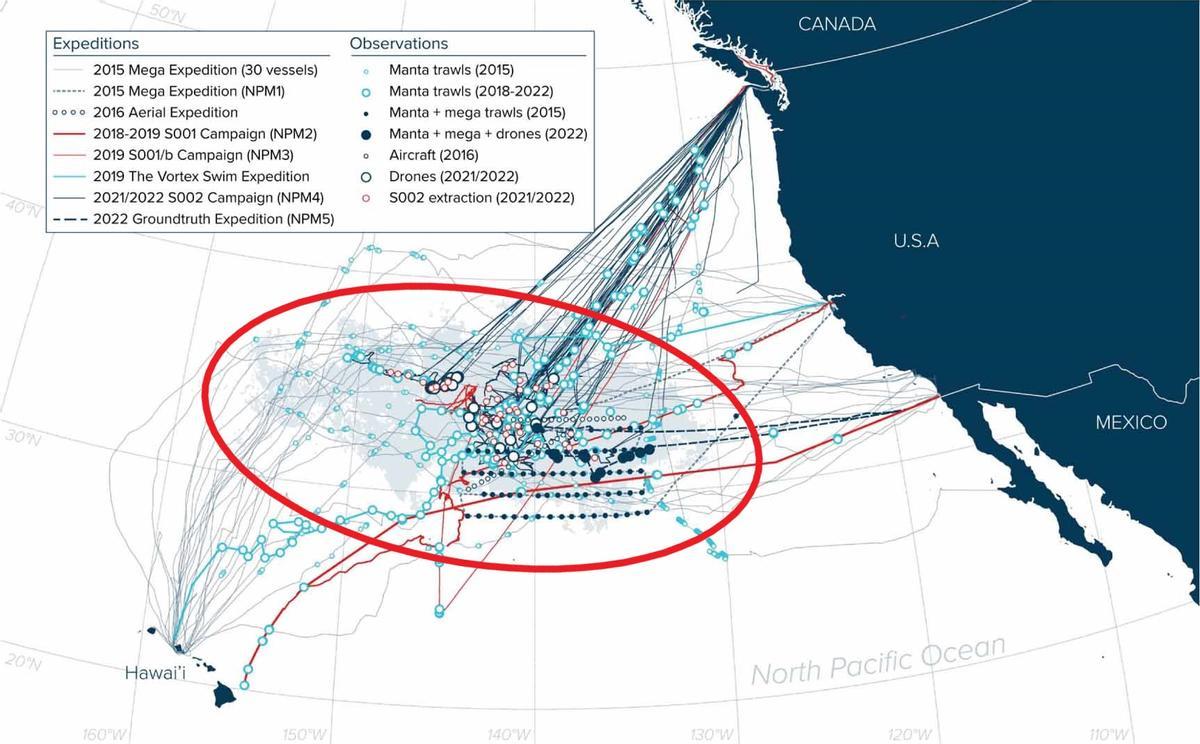 La elipse muestra la ubicación de la isla de basura, con las diferentes expediciones realizadas